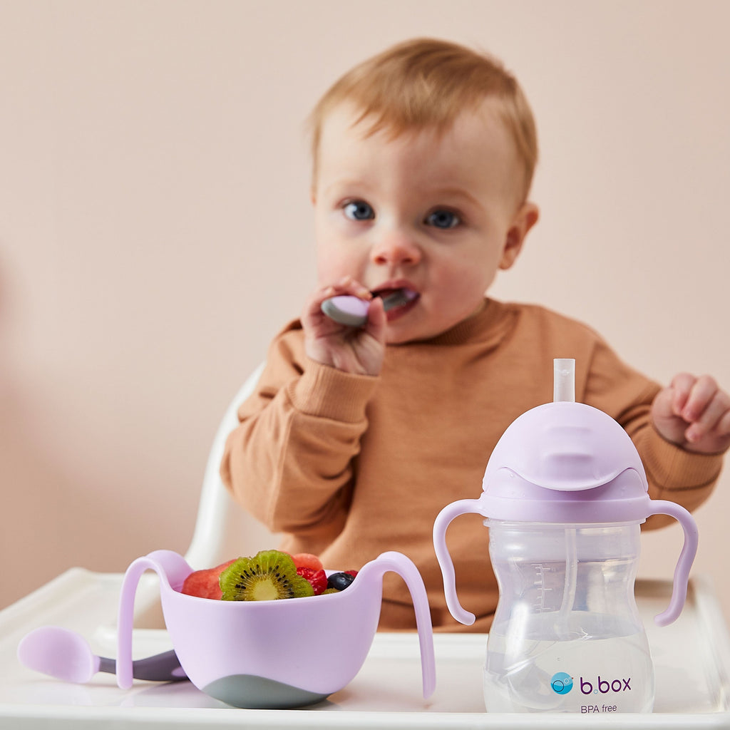 child with Toddler cutlery set - boysenberry - b.box for kids